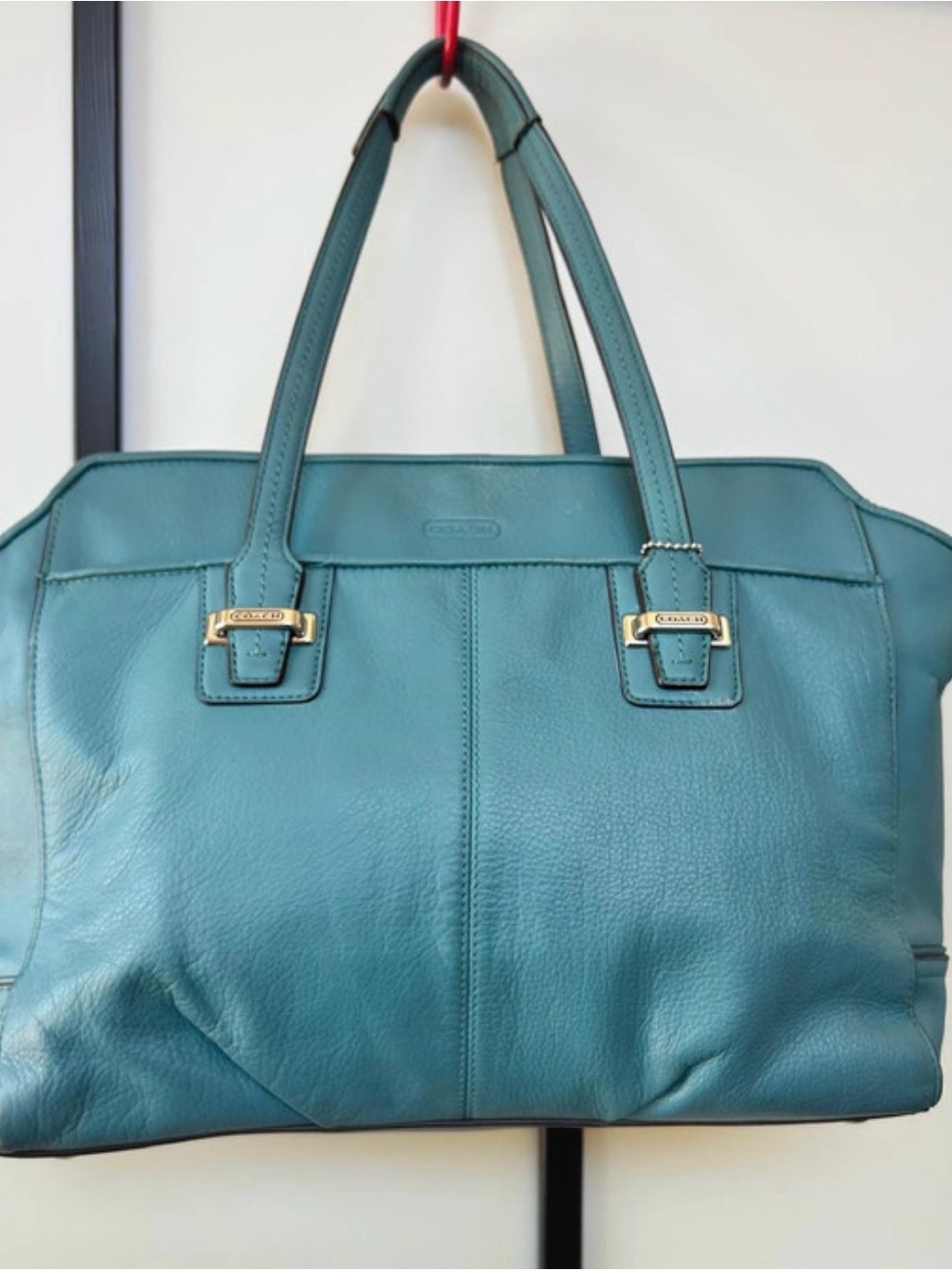 Coach Teal Leather Tote with Gold Hardware